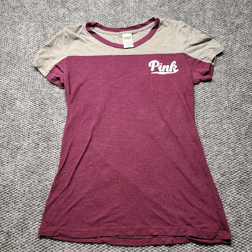 PINK Victoria's Secret T Shirt Womens Large Burgundy Gray Colorblock Logo 346503